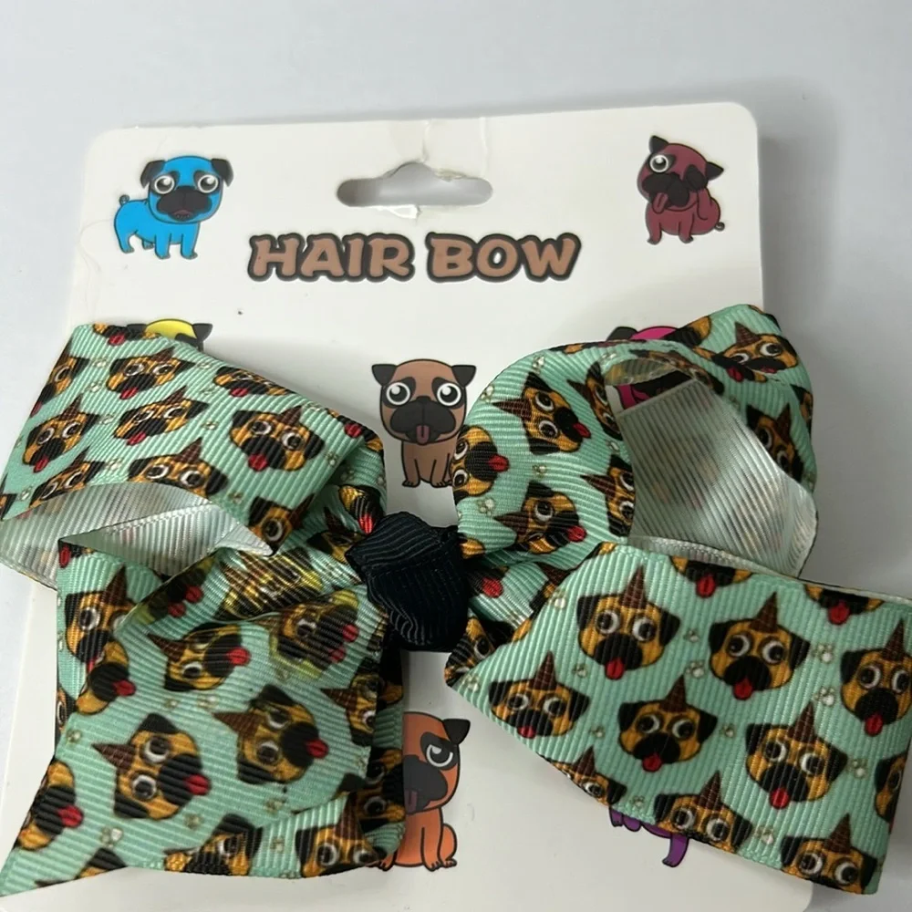 PUG Dogs Grosgrain All Over Print Bundle of 3 Adorable Hair Bows‎ Super Cute NWT